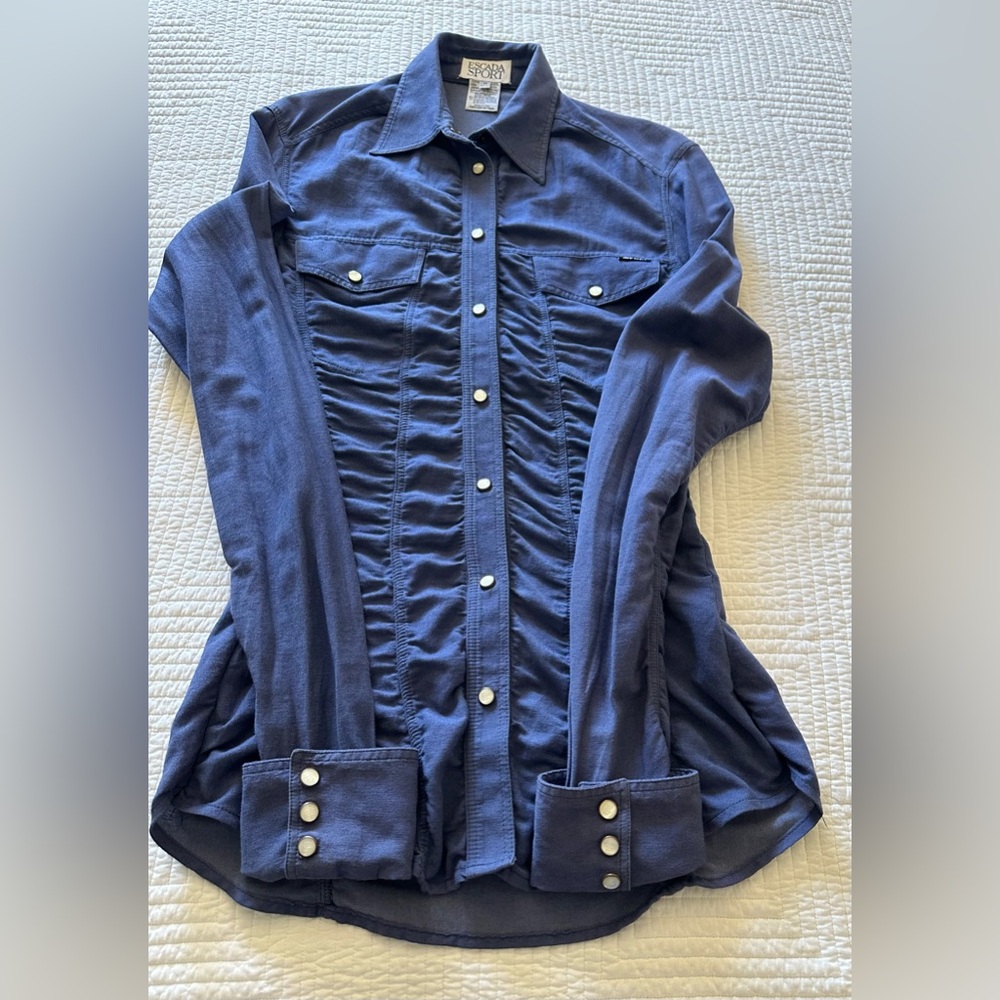 Escada Ruched Button-Up Shirt in blue - Picture 3 of 8